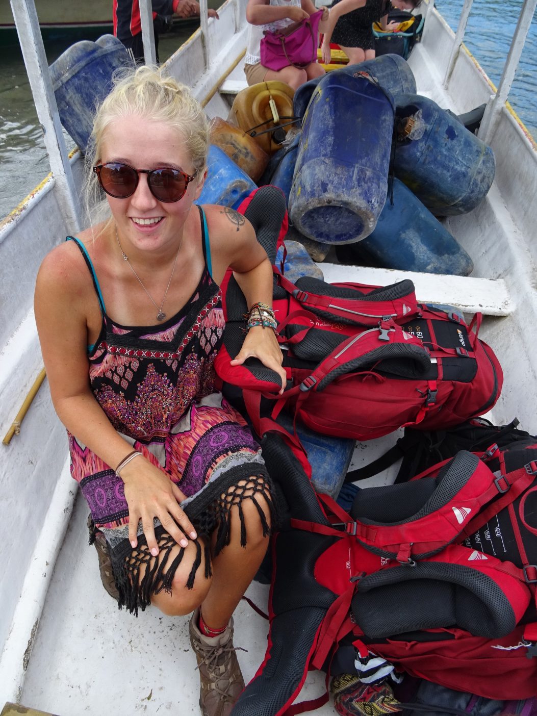 Girl with backpacks travelling on boat