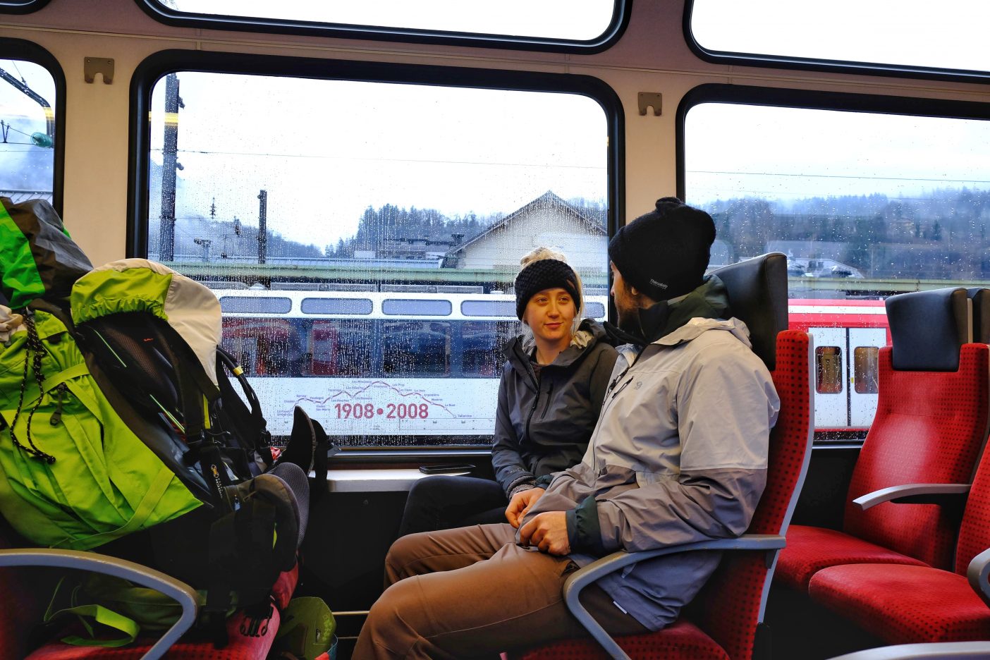 Backpacking couple travelling by train