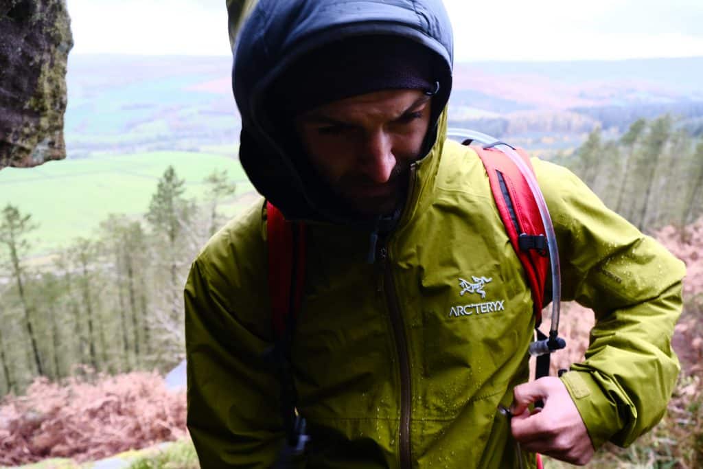Man in Arcteryx waterproof hiking jacket