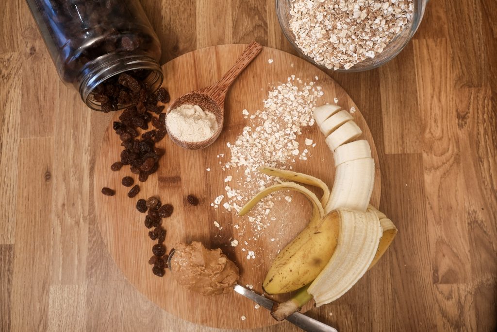 Banana, raisins, peanut butter and vegan protein powder