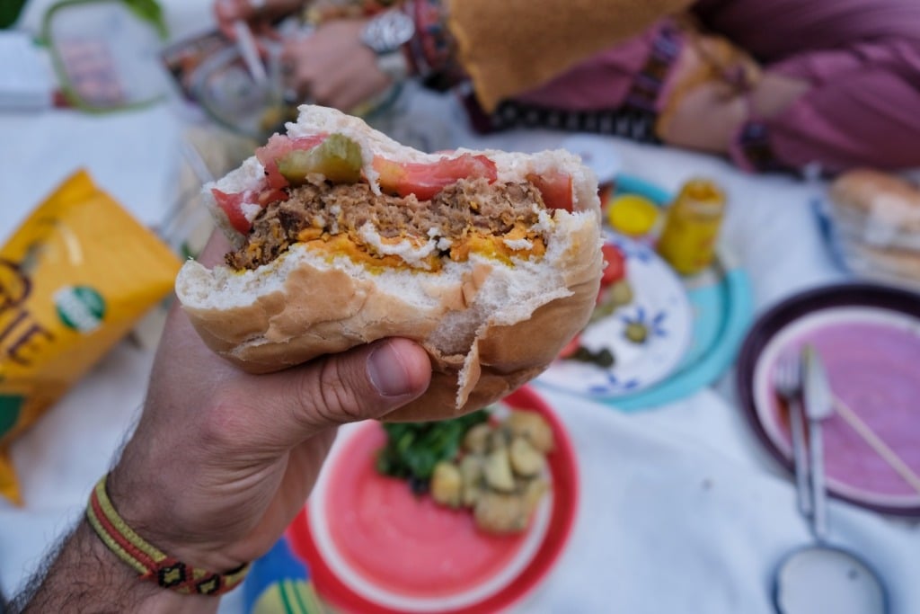 Vegan burger campfire cooking 