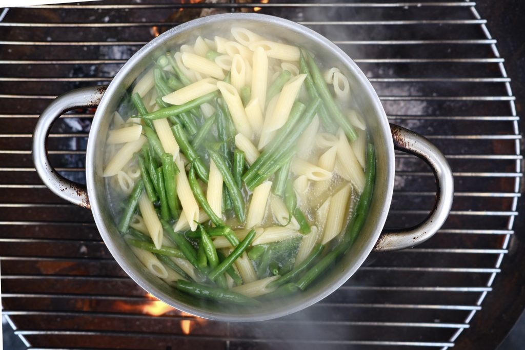 Super easy vegan lemon pasta on camp stove