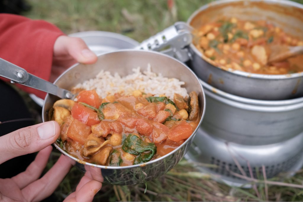 Vegan Chickpea Curry cooked on budget backpaking cook kit