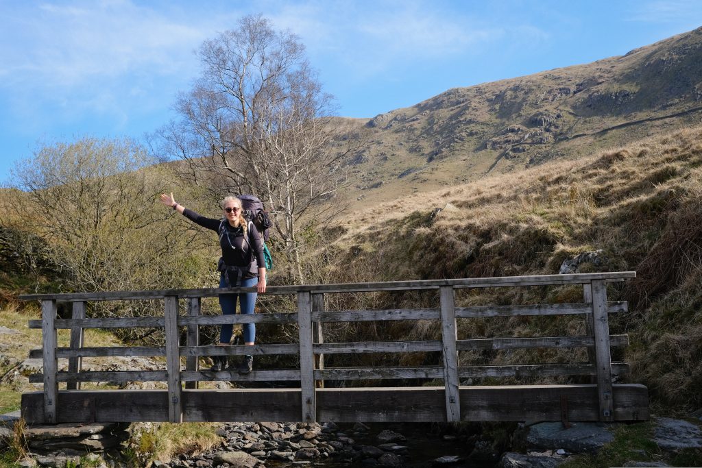 Girl hiking in used hiking gear
