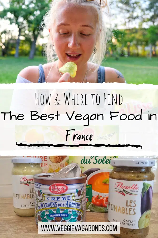 Pin of girl eating and vegan food in France 