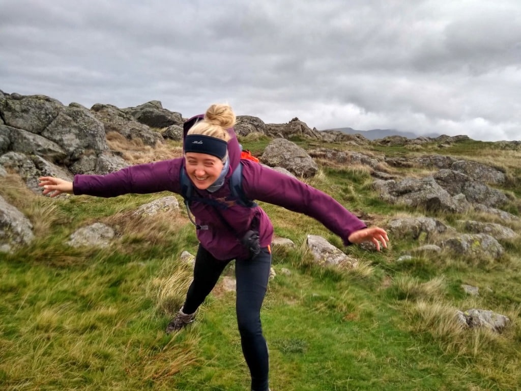 Female hiker in windy conditions