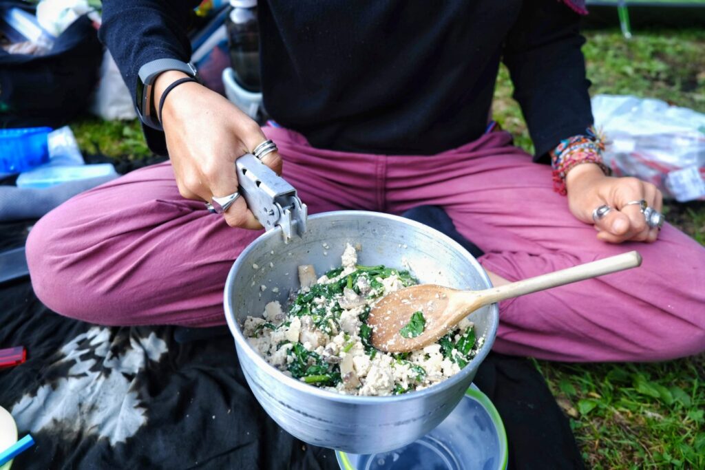 Vegan camping breakfast of tofu scramble