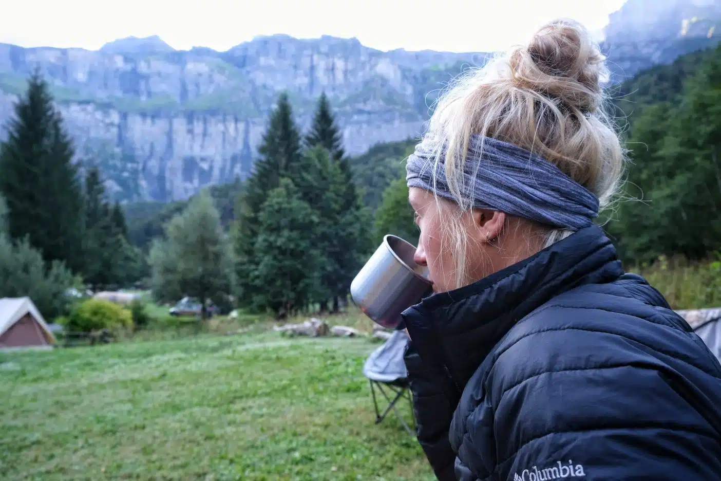 Backpacking vegan drinking coffee