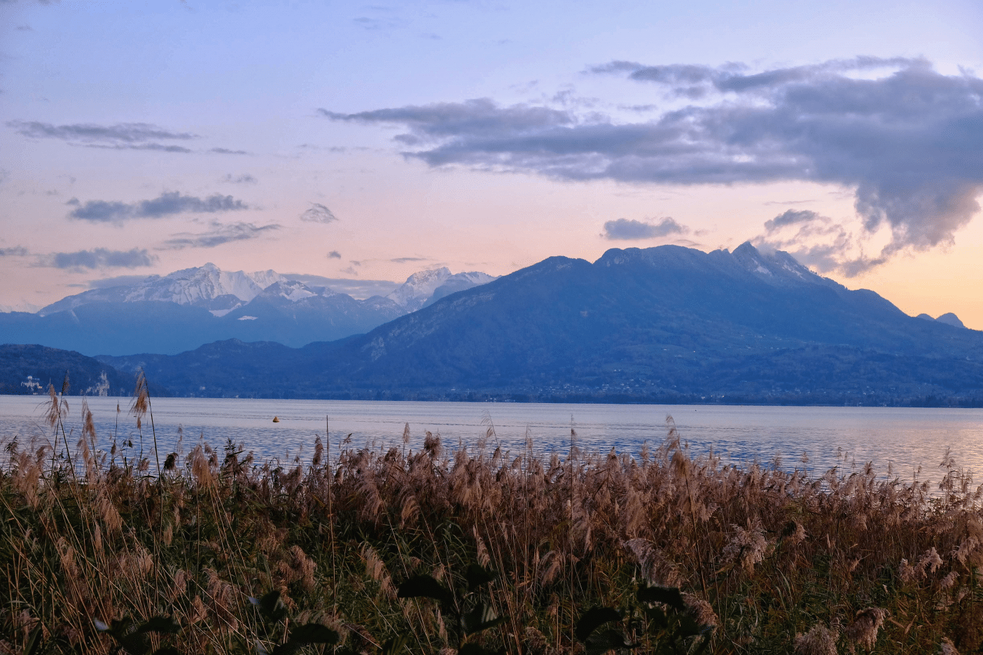 Sunset view of lake and mountains