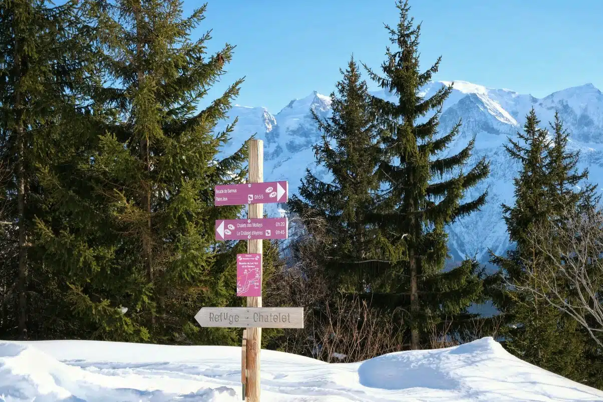 Snowshoeing sign on trail