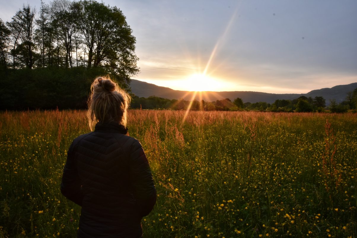 Girl in field watching sunset 
